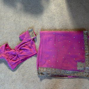 Pink sari and blouse with gold and silver sequins. NEW YEAR'S SALE!!